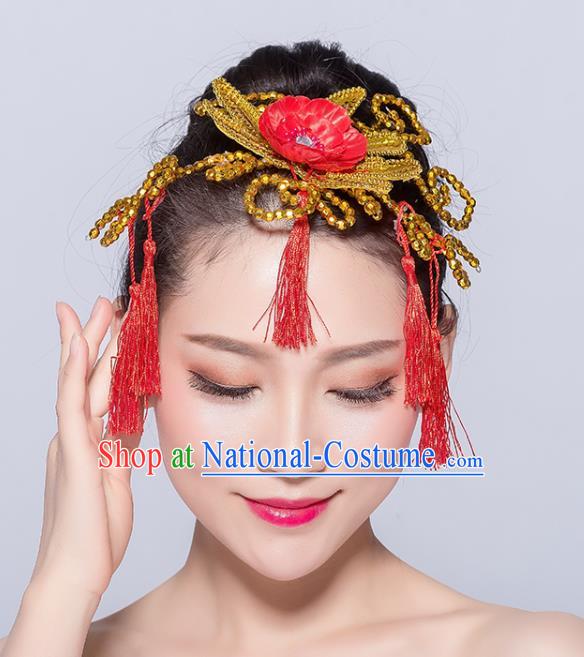 Chinese Traditional Yangko Dance Red Flower Tassel Hair Stick National Folk Dance Hair Accessories for Women