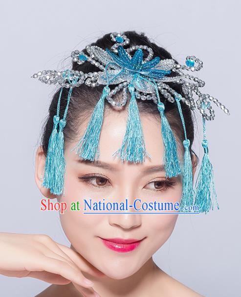 Chinese Traditional Yangko Dance Blue Flower Tassel Hair Stick National Folk Dance Hair Accessories for Women