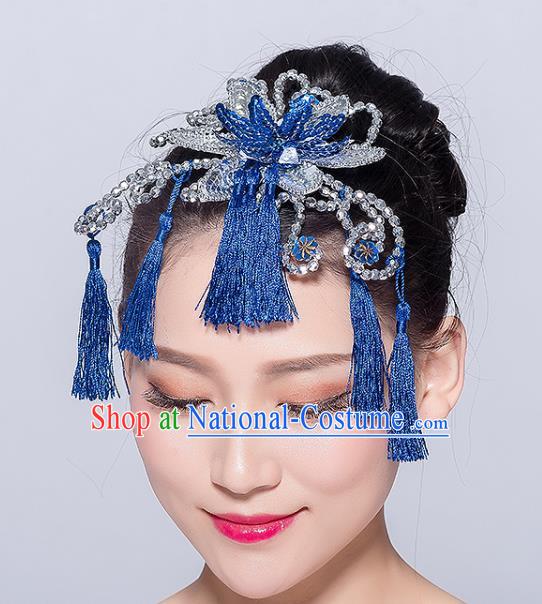 Chinese Traditional Yangko Dance Royalblue Tassel Hair Stick National Folk Dance Hair Accessories for Women