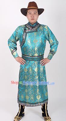 Chinese Traditional Mongol Ethnic Costume Nationality Blue Brocade Mongolian Robe for Men