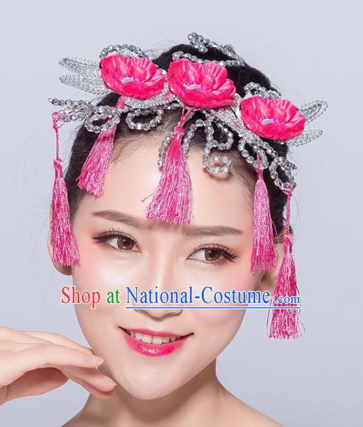 Chinese Traditional Yangko Dance Rosy Flowers Tassel Hair Stick National Folk Dance Hair Accessories for Women