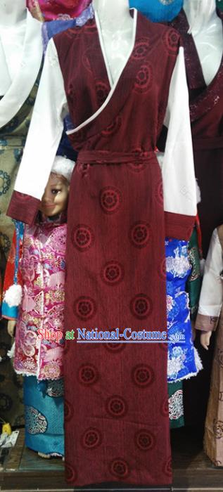 Chinese Traditional Tibetan Ethnic Purplish Red Dress Zang Nationality Heishui Dance Costume for Women