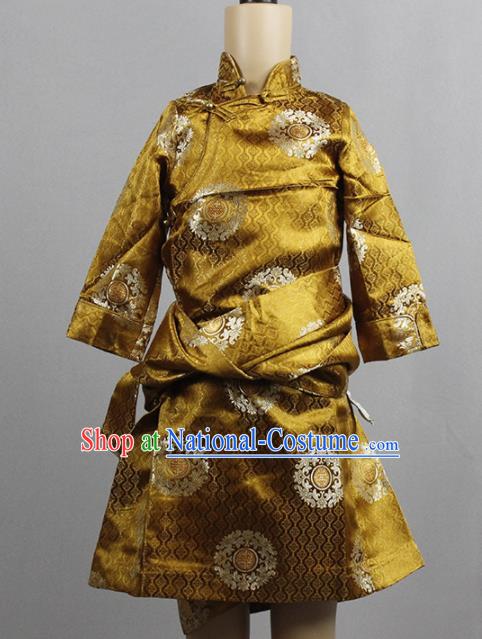 Chinese Traditional Tibetan Kham Children Golden Robe Zang Nationality Heishui Dance Ethnic Costumes for Kids