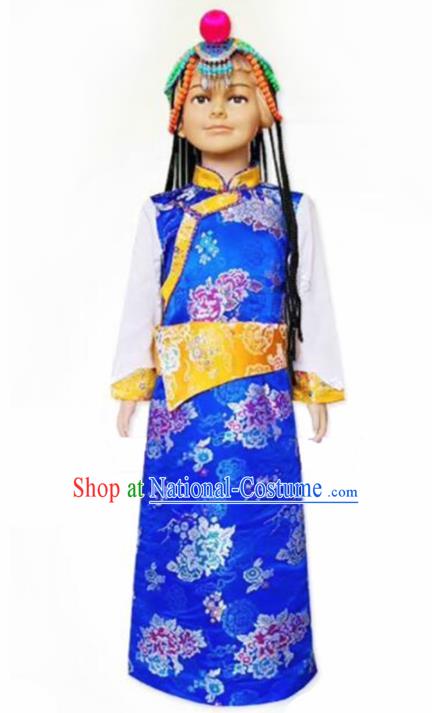 Chinese Traditional Tibetan Girls Kham Royalblue Dress Zang Nationality Heishui Dance Ethnic Costumes for Kids