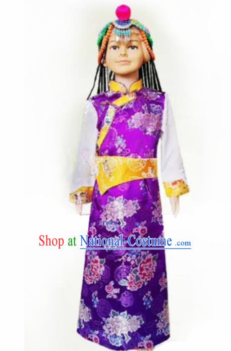 Chinese Traditional Tibetan Girls Kham Purple Dress Zang Nationality Heishui Dance Ethnic Costumes for Kids