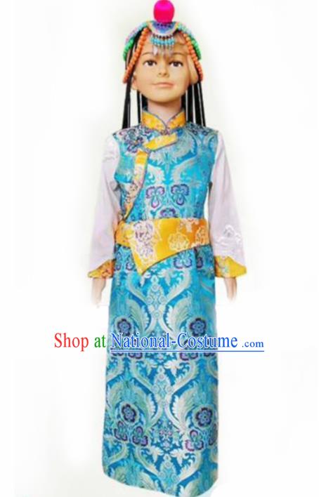 Chinese Traditional Tibetan Girls Kham Blue Dress Zang Nationality Heishui Dance Ethnic Costumes for Kids