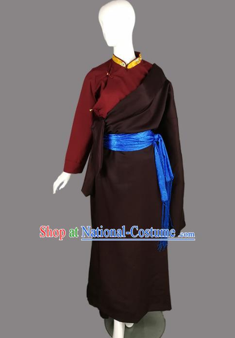 Chinese Traditional Tibetan Ethnic Brown Robe Zang Nationality Heishui Dance Costume for Women