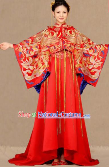 Traditional Chinese Embroidered Phoenix Trailing Wedding Dress Ancient Bride Red Xiu He Costume for Women