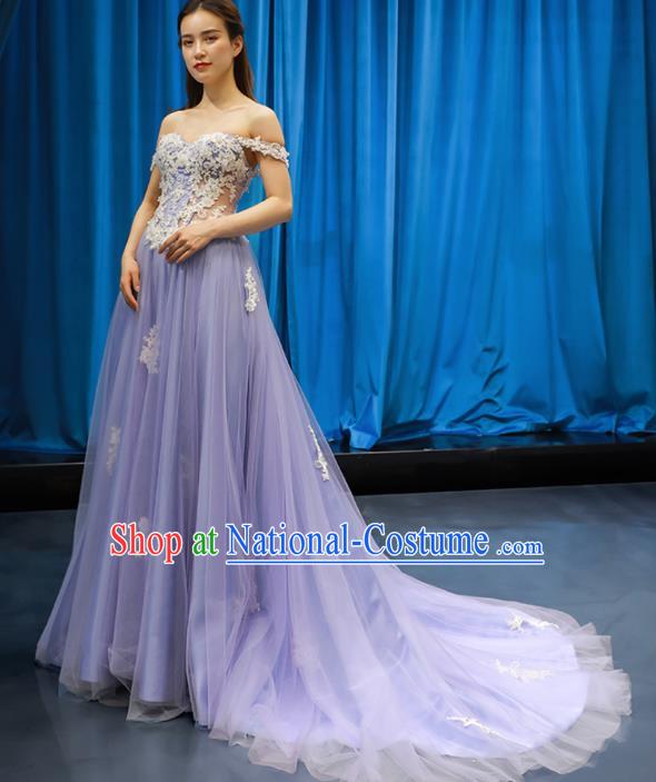 Top Grade Wedding Dress Compere Full Dress Princess Embroidered Purple Veil Costume for Women