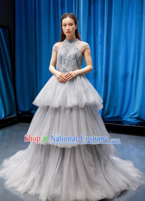 Top Grade Compere Grey Veil Full Dress Princess Embroidered Wedding Dress Costume for Women