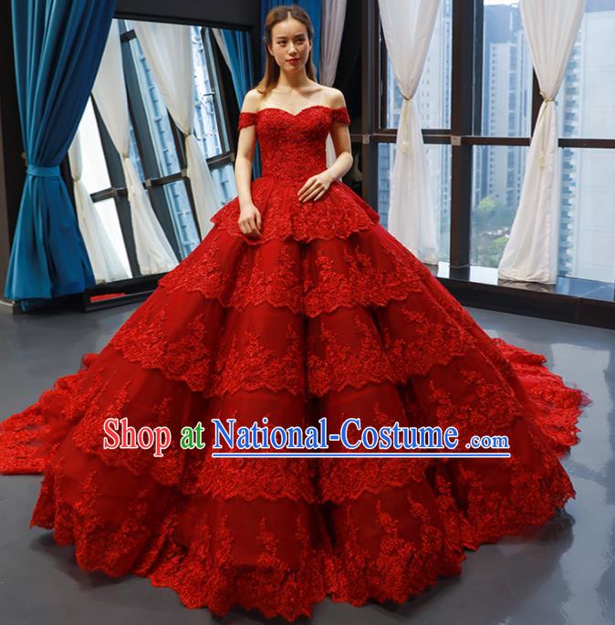 Top Grade Compere Red Lace Full Dress Princess Embroidered Wedding Dress Costume for Women