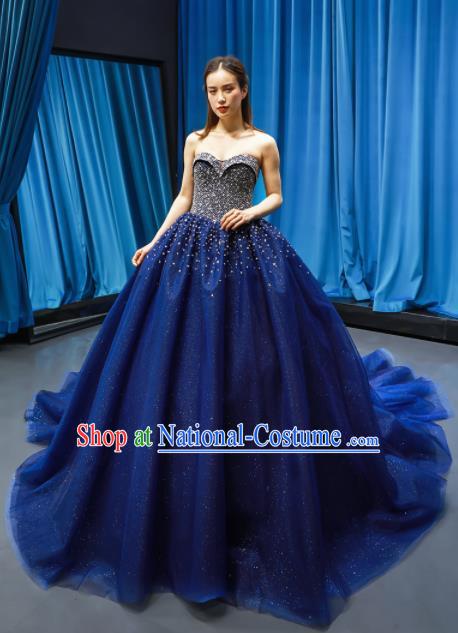 Top Grade Compere Royalblue Veil Full Dress Princess Embroidered Wedding Dress Costume for Women