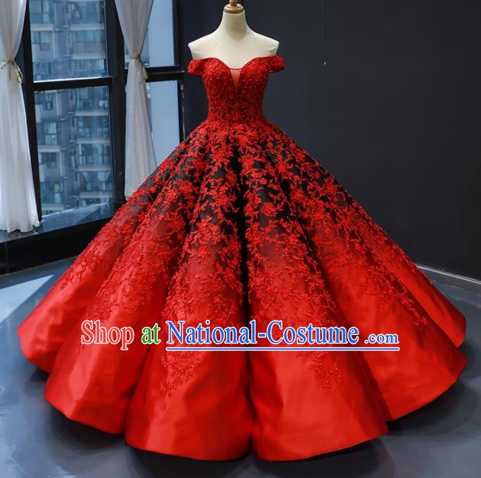 Top Grade Compere Red Full Dress Princess Embroidered Wedding Dress Costume for Women