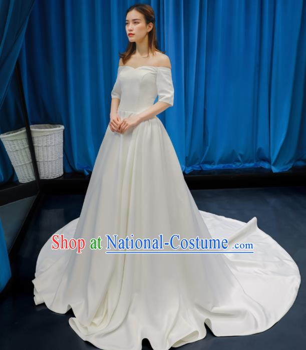 Top Grade Flat Shouders Wedding Dress Bride Full Dress Princess Costume White Satin Gown for Women