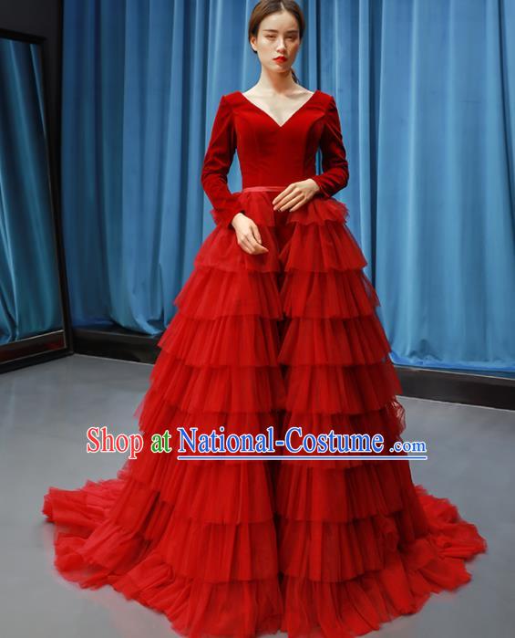 Top Grade Compere Full Dress Princess Red Veil Trailing Wedding Dress Costume for Women