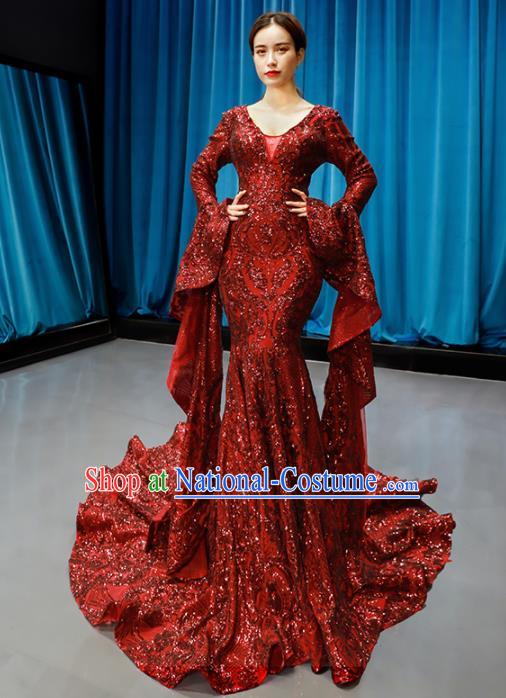 Top Grade Compere Full Dress Princess Red Paillette Trailing Wedding Dress Costume for Women