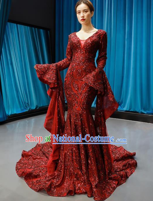 Top Grade Compere Full Dress Princess Red Paillette Trailing Wedding Dress Costume for Women