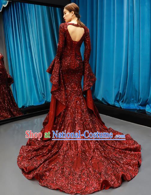 Top Grade Compere Full Dress Princess Red Paillette Trailing Wedding Dress Costume for Women