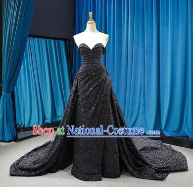 Top Grade Compere Strapless Full Dress Princess Black Paillette Trailing Wedding Dress Costume for Women