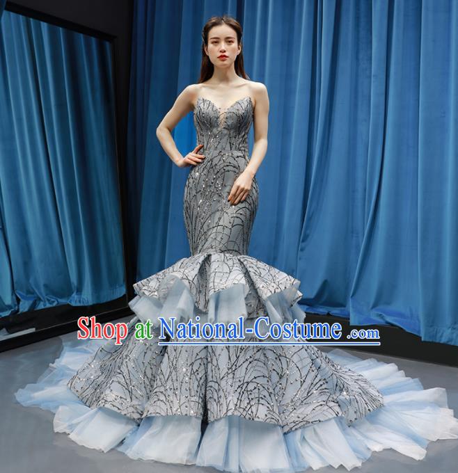 Top Grade Compere Grey Veil Fishtail Full Dress Princess Wedding Dress Costume for Women