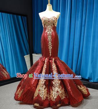 Top Grade Compere Wine Red Veil Fishtail Full Dress Princess Wedding Dress Costume for Women