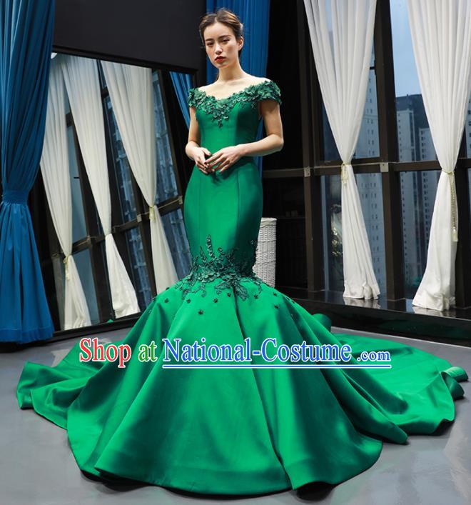 Top Grade Compere Green Satin Fishtail Trailing Full Dress Princess Wedding Dress Costume for Women