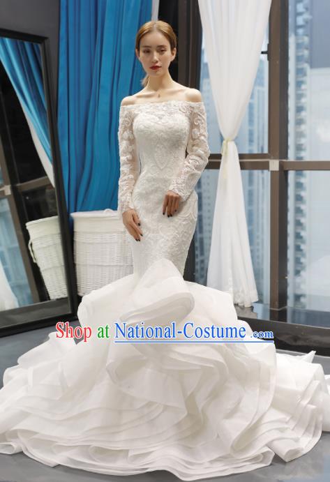 Top Grade Trailing Wedding Gown Bride Costume White Veil Full Dress Princess Dress for Women