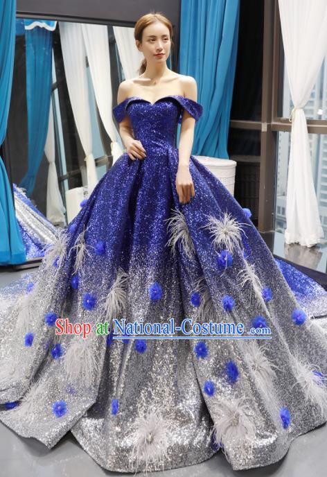 Top Grade Compere Royalblue Trailing Full Dress Princess Bubble Wedding Dress Costume for Women