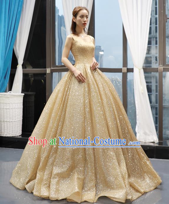 Top Grade Compere Golden Bubble Full Dress Princess Trailing Wedding Dress Costume for Women