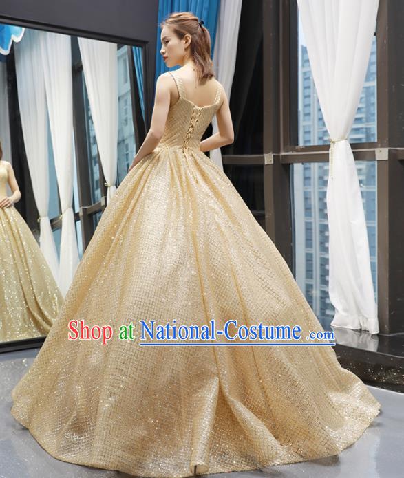 Top Grade Compere Golden Bubble Full Dress Princess Trailing Wedding Dress Costume for Women