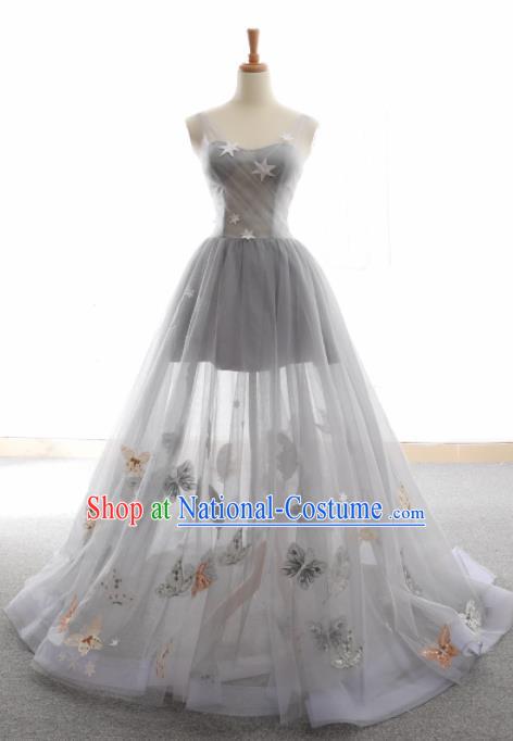 Top Grade Compere Butterfly Full Dress Princess Grey Veil Wedding Dress Costume for Women