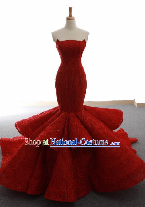 Top Grade Compere Fishtail Full Dress Princess Red Lace Wedding Dress Costume for Women