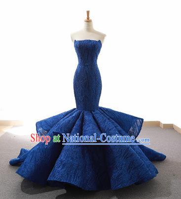 Top Grade Compere Fishtail Full Dress Princess Royalblue Lace Wedding Dress Costume for Women