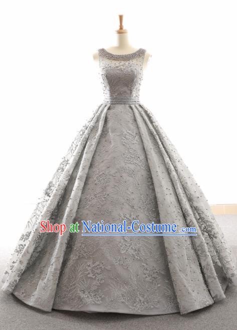 Top Grade Compere Grey Full Dress Princess Embroidered Wedding Dress Costume for Women