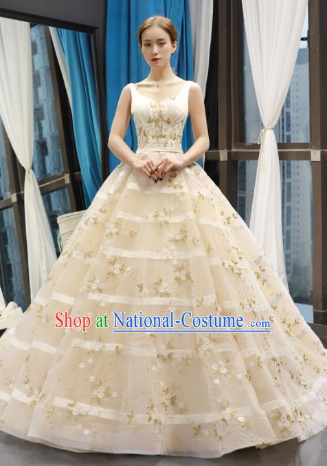 Top Grade Compere Beige Trailing Full Dress Princess Embroidered Wedding Dress Costume for Women