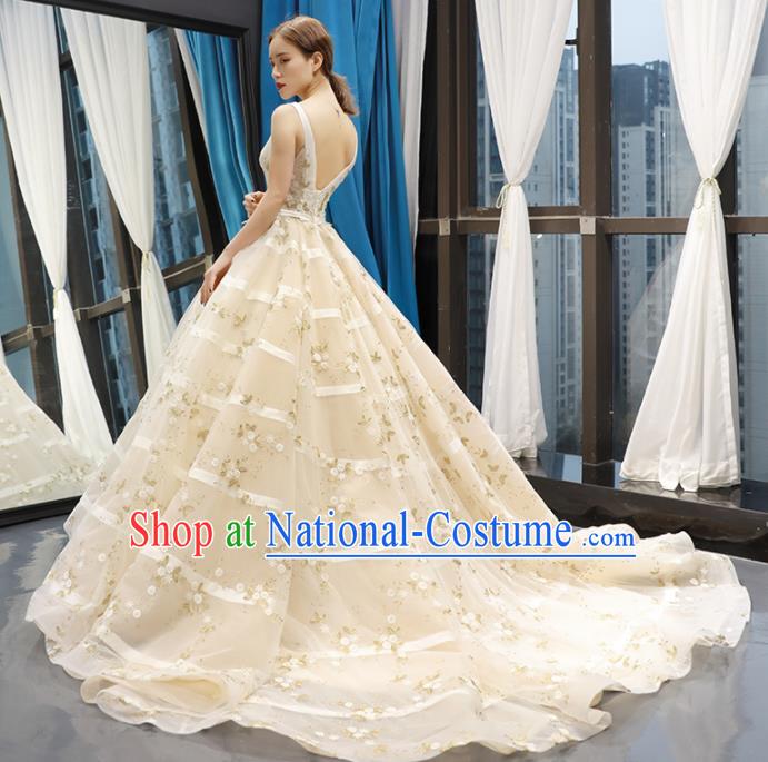 Top Grade Compere Beige Trailing Full Dress Princess Embroidered Wedding Dress Costume for Women