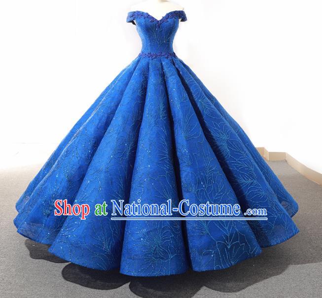 Top Grade Compere Blue Bubble Full Dress Princess Embroidered Wedding Dress Costume for Women