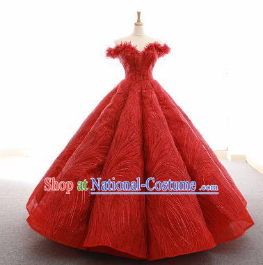 Top Grade Compere Red Veil Bubble Full Dress Princess Embroidered Wedding Dress Costume for Women