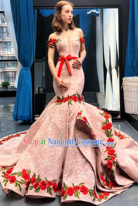 Top Grade Compere Trailing Full Dress Princess Pink Fishtail Wedding Dress Costume for Women