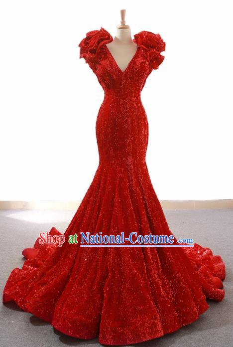 Top Grade Compere Red Trailing Full Dress Princess Fishtail Wedding Dress Costume for Women