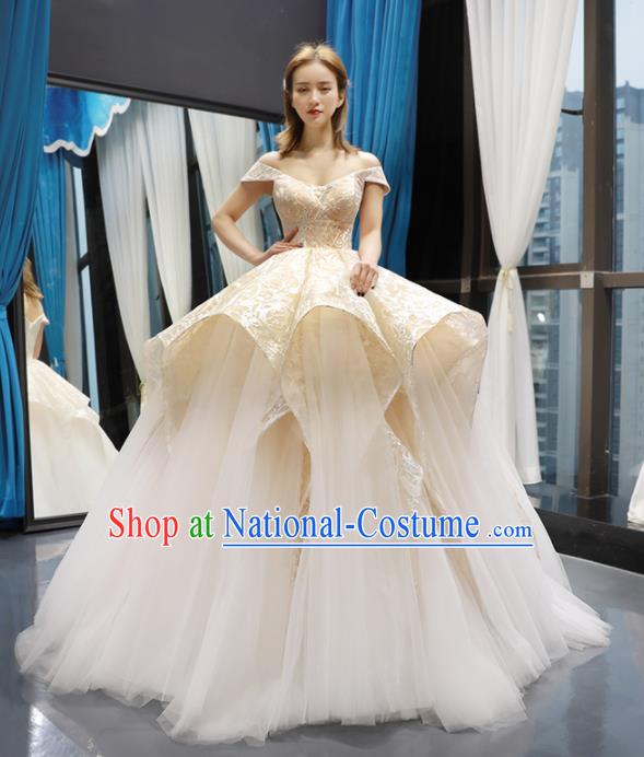 Top Grade Champagne Wedding Gown Bride Costume Veil Trailing Full Dress Princess Dress for Women