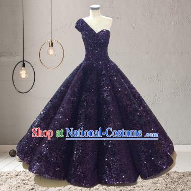 Top Grade Compere Purple Veil Paillette Full Dress Princess Embroidered Wedding Dress Costume for Women