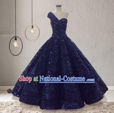 Top Grade Compere Royalblue Veil Paillette Full Dress Princess Embroidered Wedding Dress Costume for Women