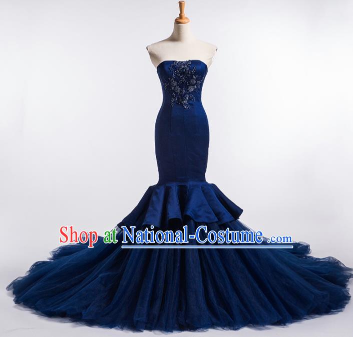 Top Grade Compere Navy Veil Fishtail Full Dress Princess Embroidered Wedding Dress Costume for Women