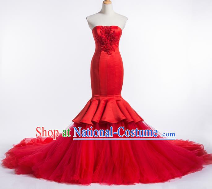 Top Grade Compere Red Veil Fishtail Full Dress Princess Embroidered Wedding Dress Costume for Women