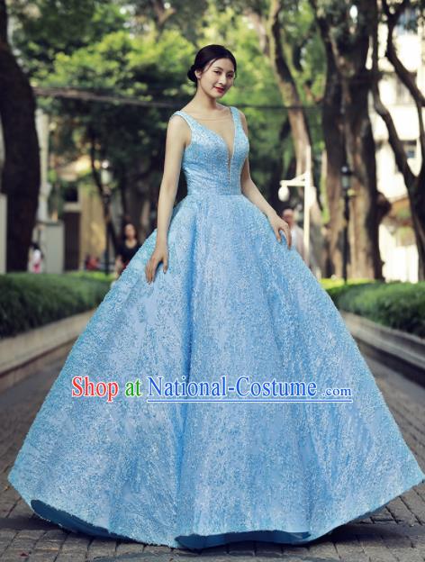 Top Grade Compere Blue Paillette Bubble Full Dress Princess Embroidered Wedding Dress Costume for Women