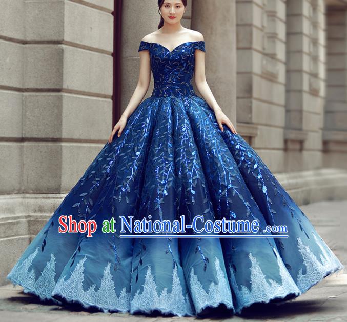 Top Grade Compere Royalblue Bubble Full Dress Princess Embroidered Wedding Dress Costume for Women