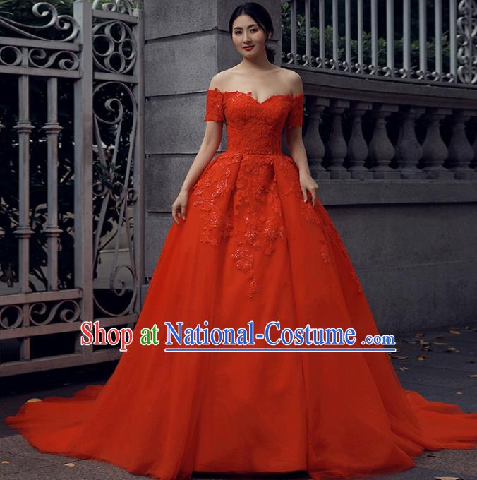 Top Grade Compere Red Bubble Full Dress Princess Embroidered Wedding Dress Costume for Women