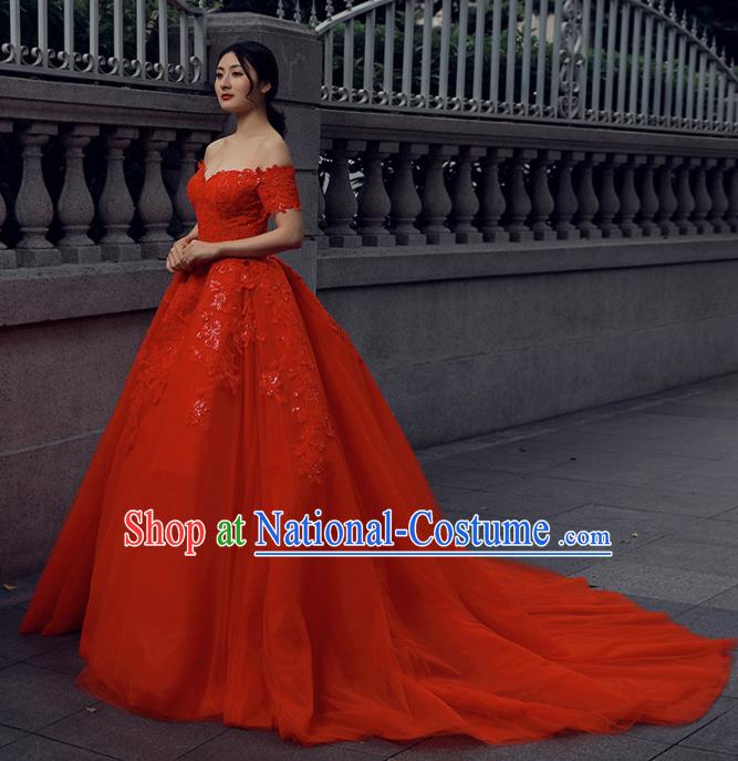 Top Grade Compere Red Bubble Full Dress Princess Embroidered Wedding Dress Costume for Women