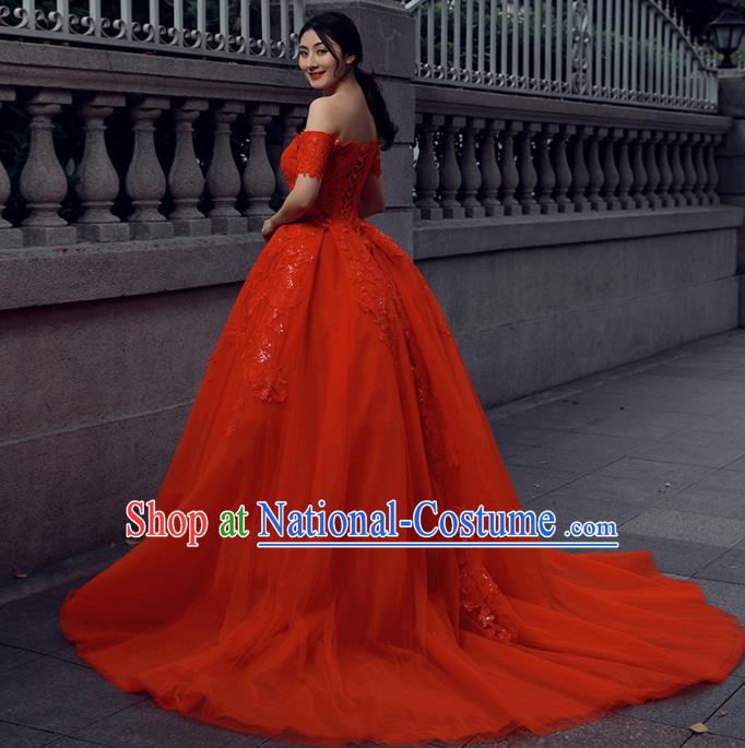 Top Grade Compere Red Bubble Full Dress Princess Embroidered Wedding Dress Costume for Women